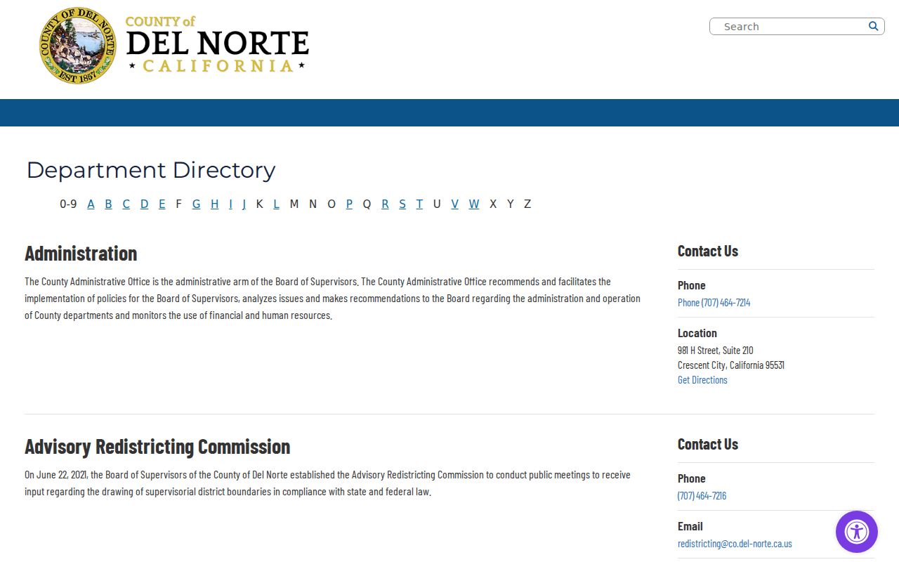 Del Norte County departments directory with Probation contact
