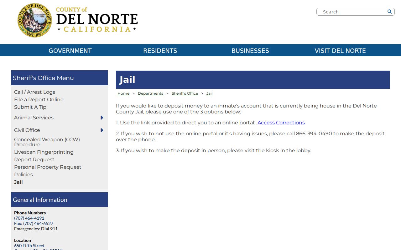 Official Del Norte County Jail information page