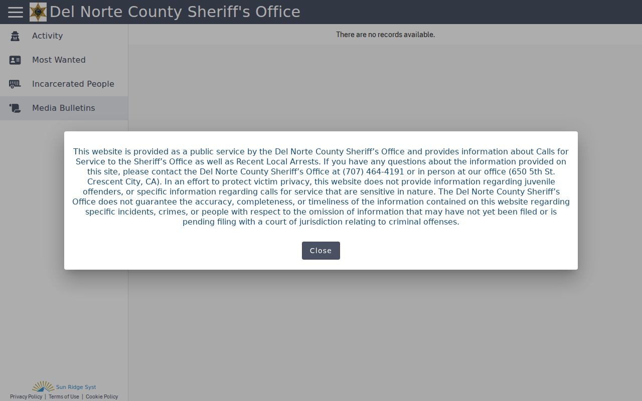 Del Norte County Sheriff Citizen RIMS media bulletins interface