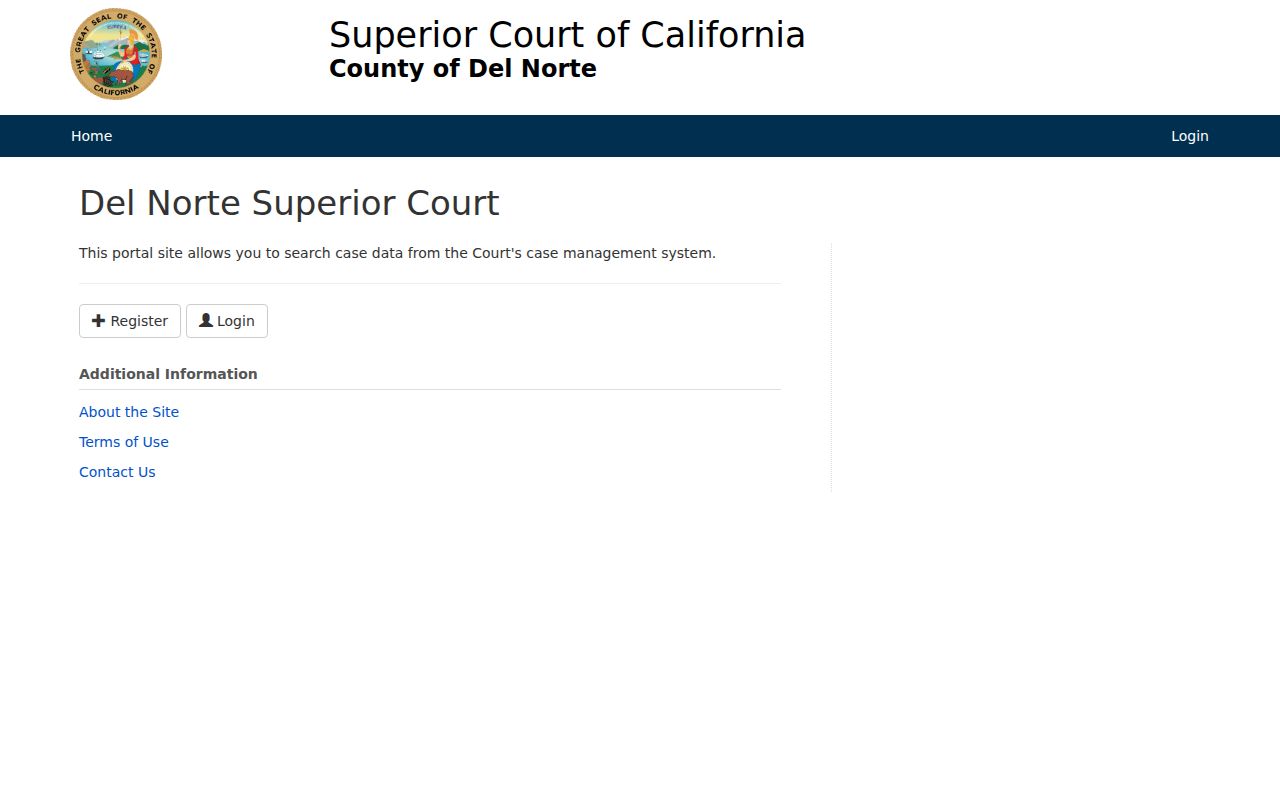Del Norte Superior Court public case portal home screen