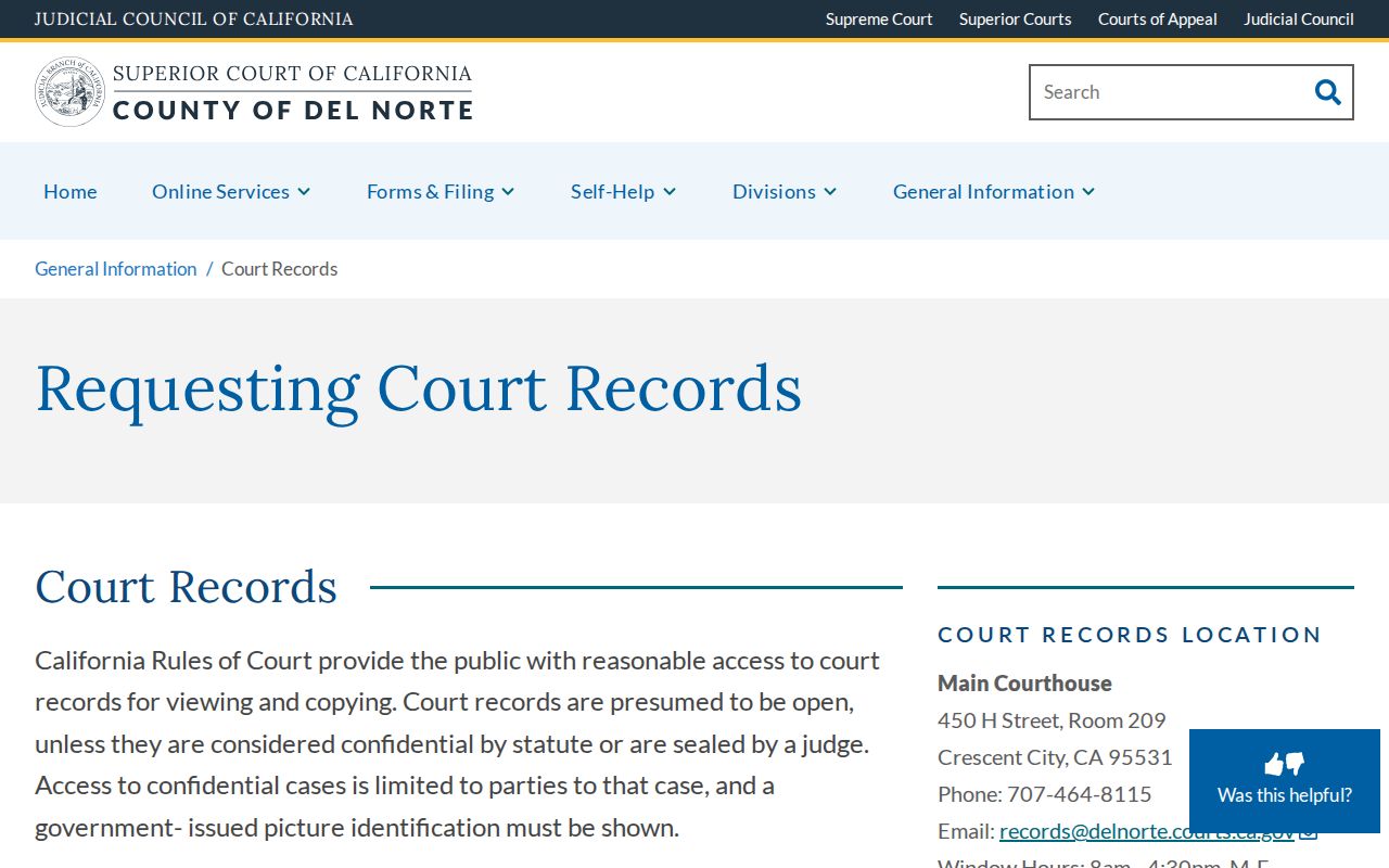Del Norte court records page with archive and records counter guidance