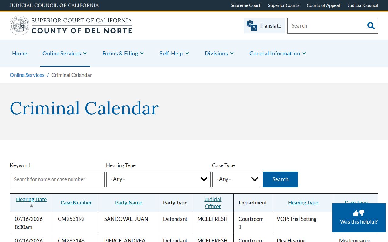 Del Norte Superior Court online criminal calendar service