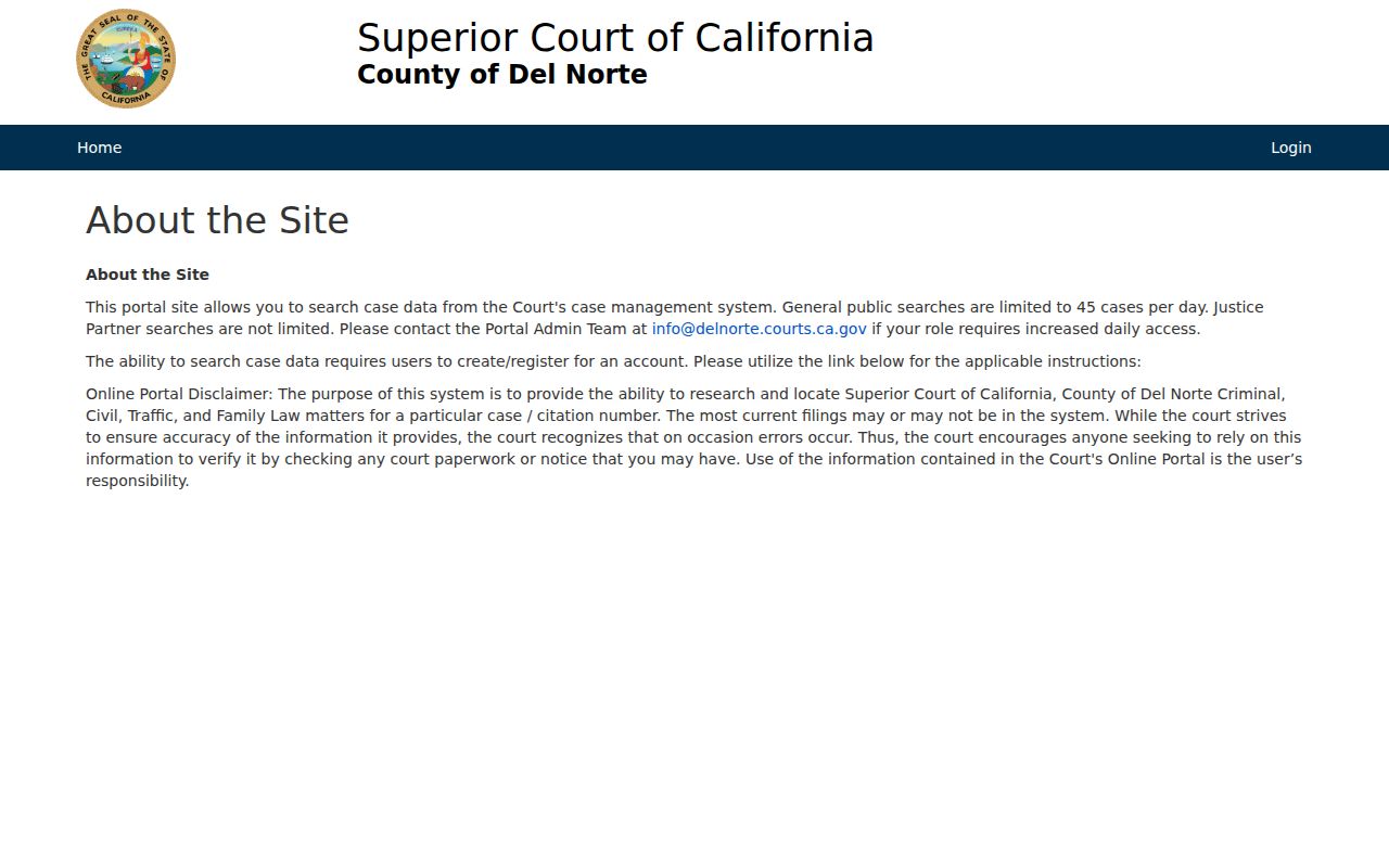Del Norte court portal registration and 45-case daily limit notice