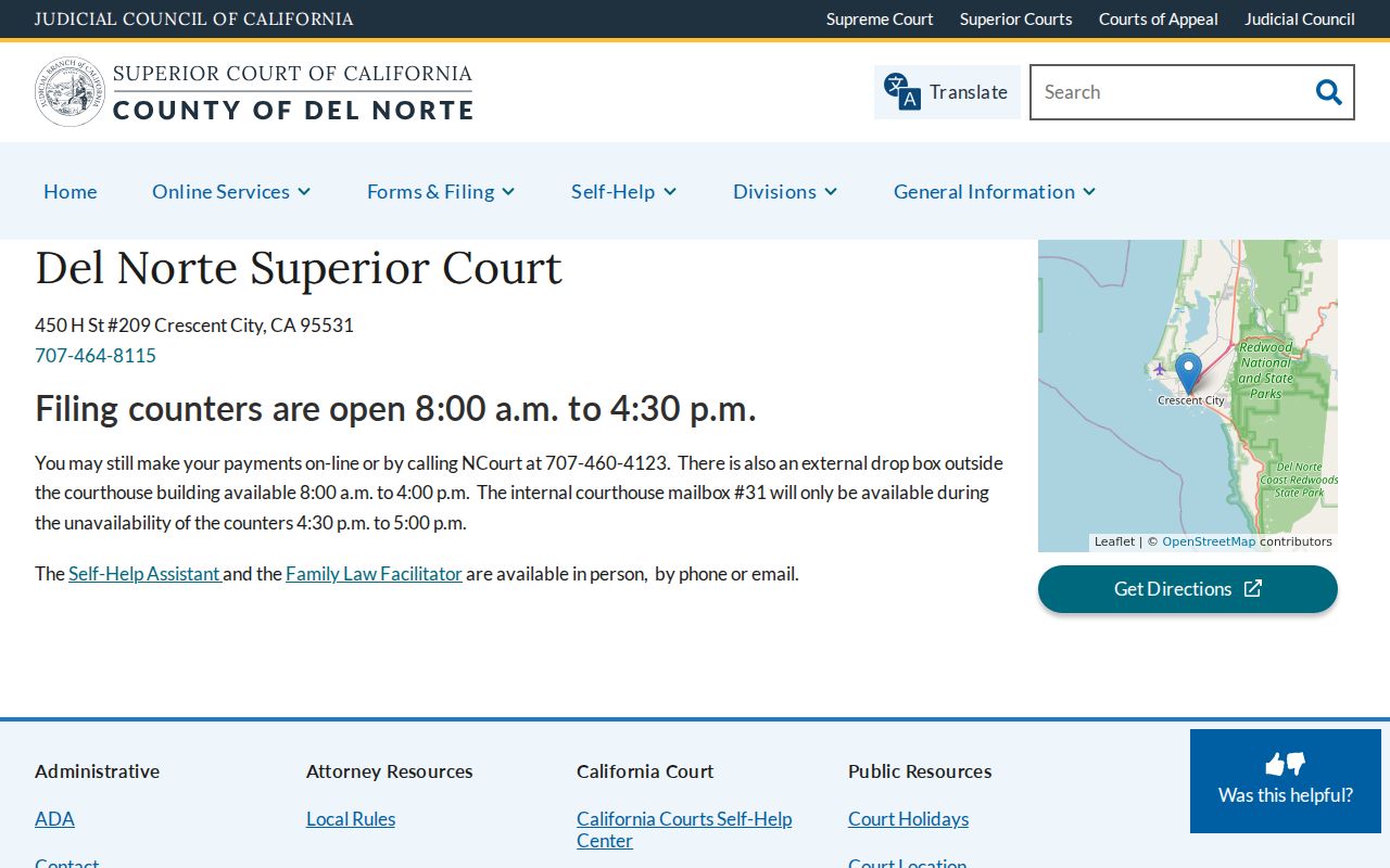 Del Norte Superior Court location and filing counter information