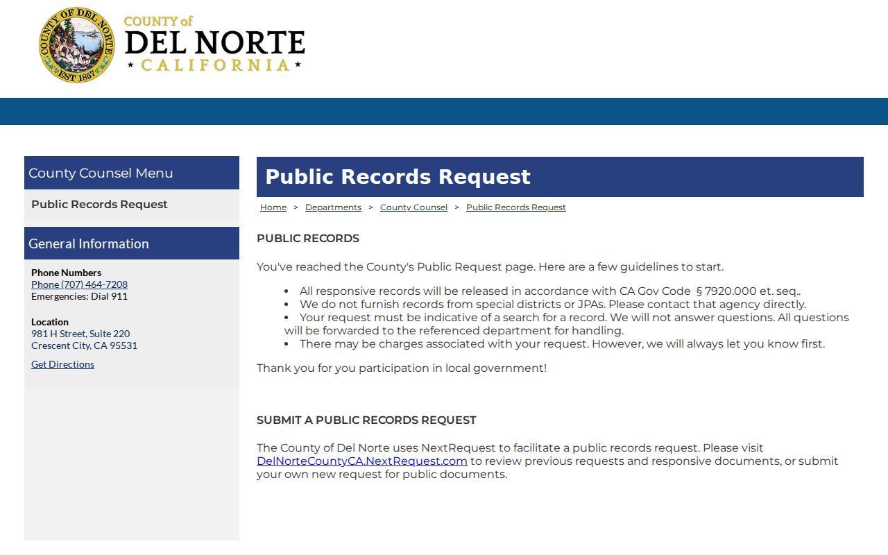Del Norte County criminal records public request instructions