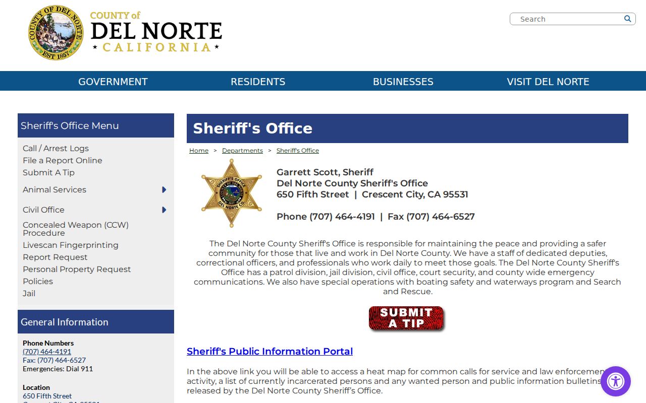 Del Norte County criminal records Sheriff official page