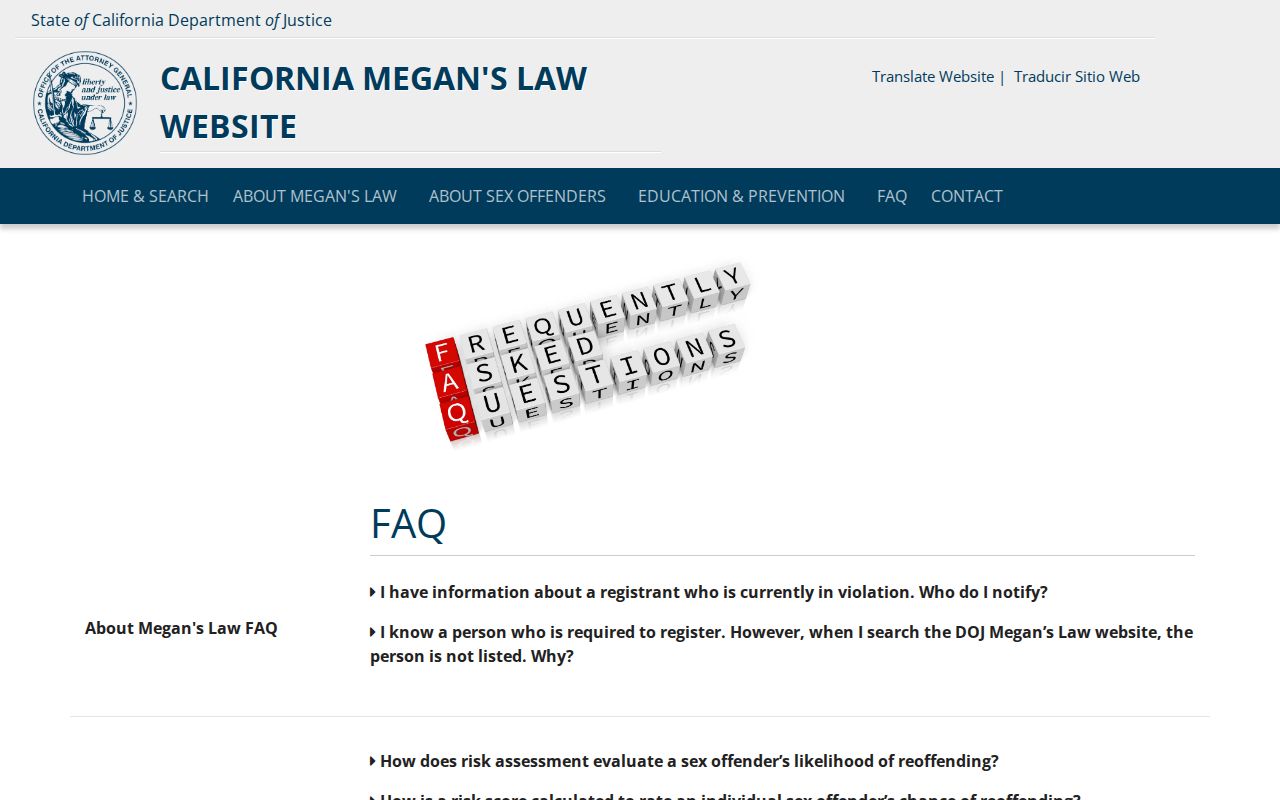 California Megan's Law FAQ on registry disclosure and risk information